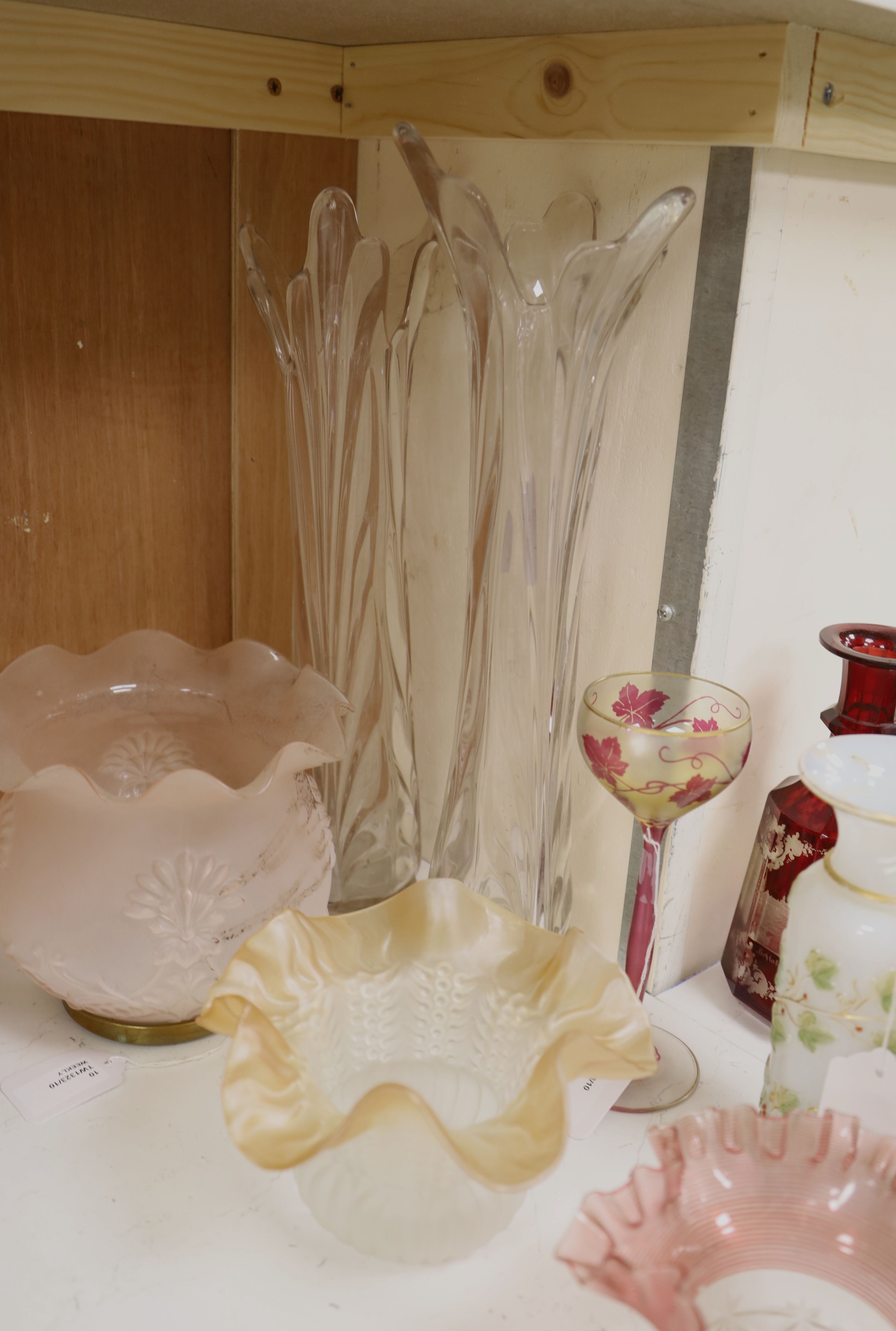 A collection of mixed glassware, including a Bohemian ruby flash decanter